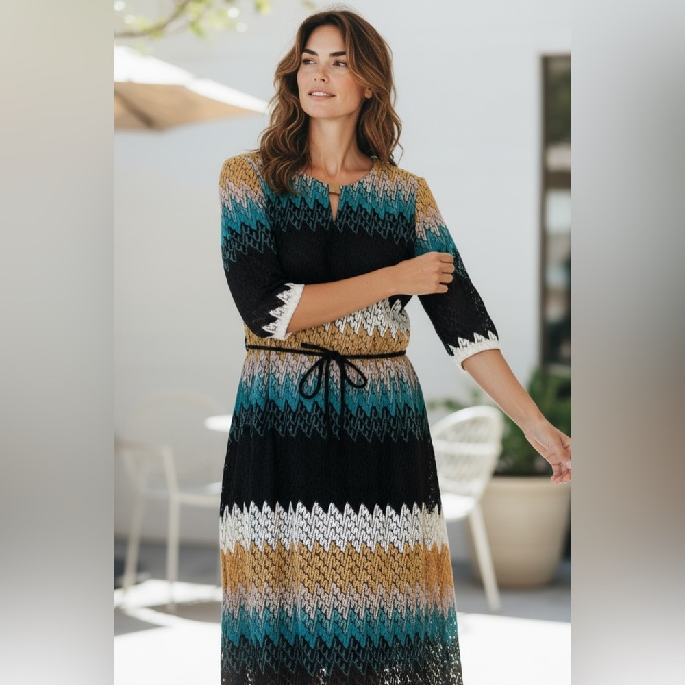 Sandra Darren Multicolor Chevron Midi Dress size 12 stretchy material.